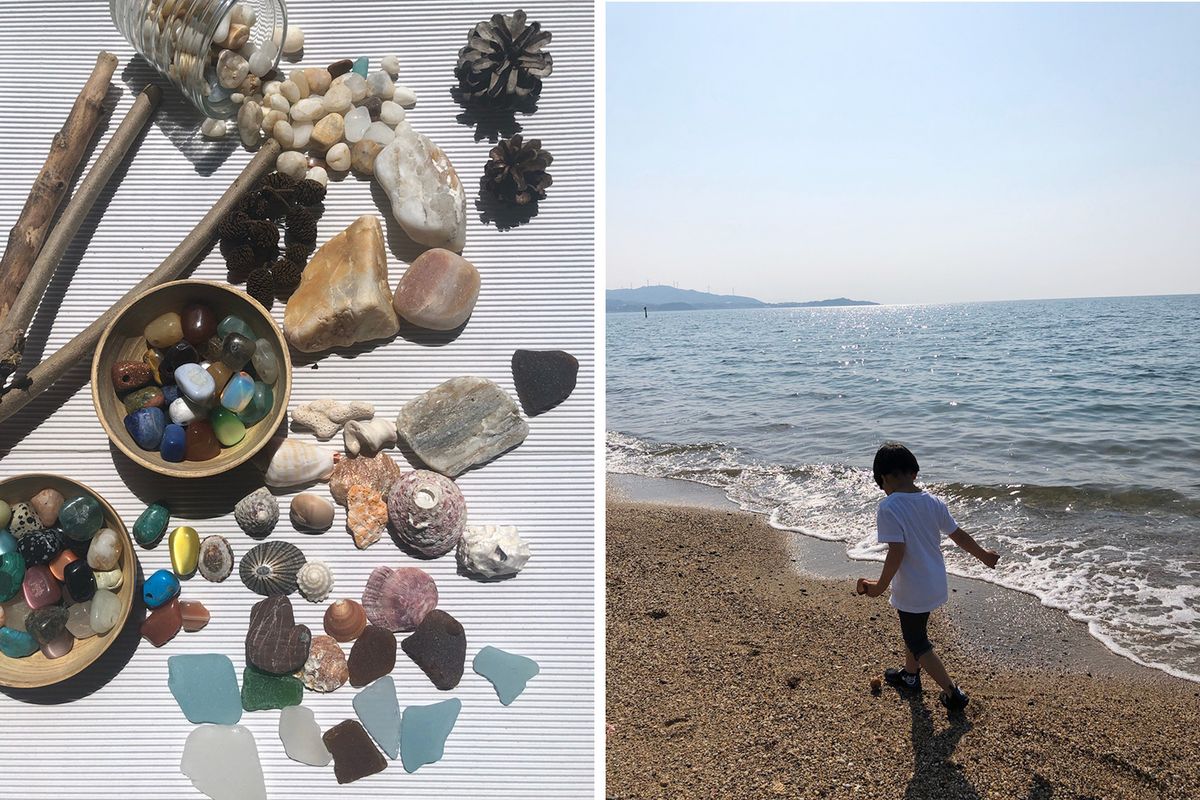 ビーチで石拾い