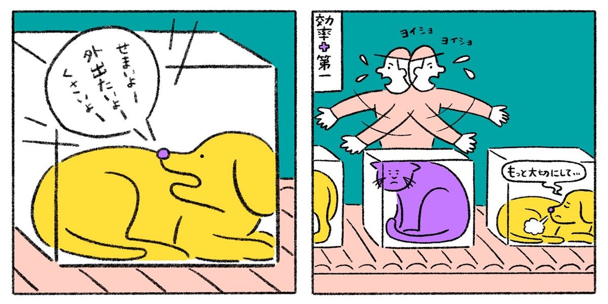 コンベアにのっている犬と猫のイラスト