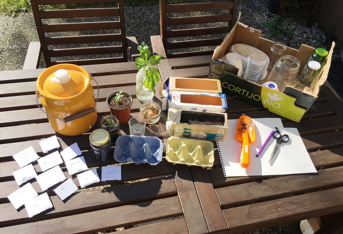 屋外のテーブルに並んだ畑づくりのアイテム