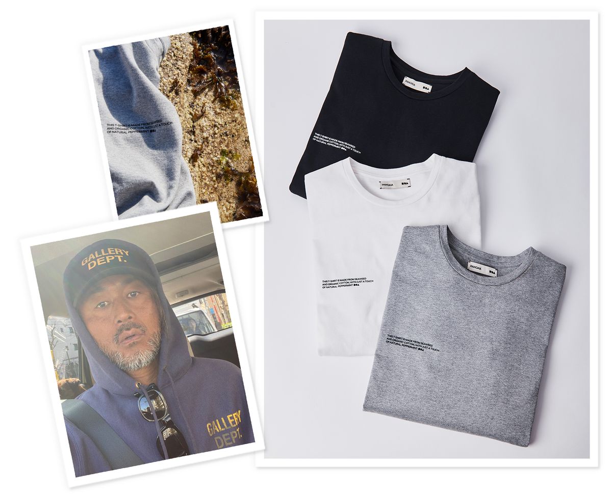 種市暁さんの写真とPANGAIAのボタニカルダイTシャツ