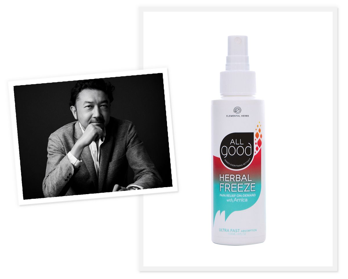 中村達也さんの写真と「ALL good」のハーバルフリーズ ボディスプレー