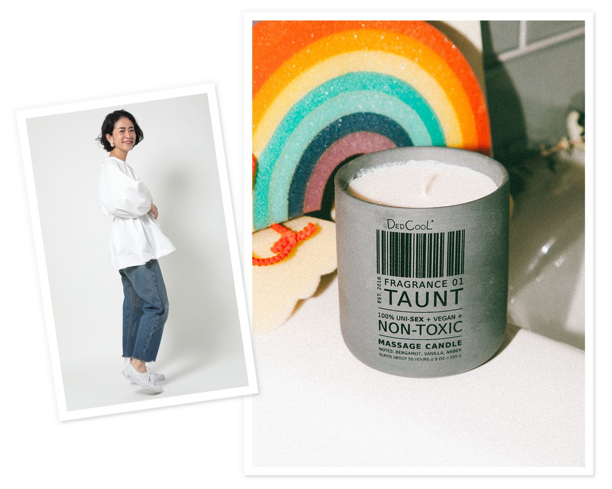小笠原希帆さんの写真と「DEDCOOL」のマッサージキャンドル