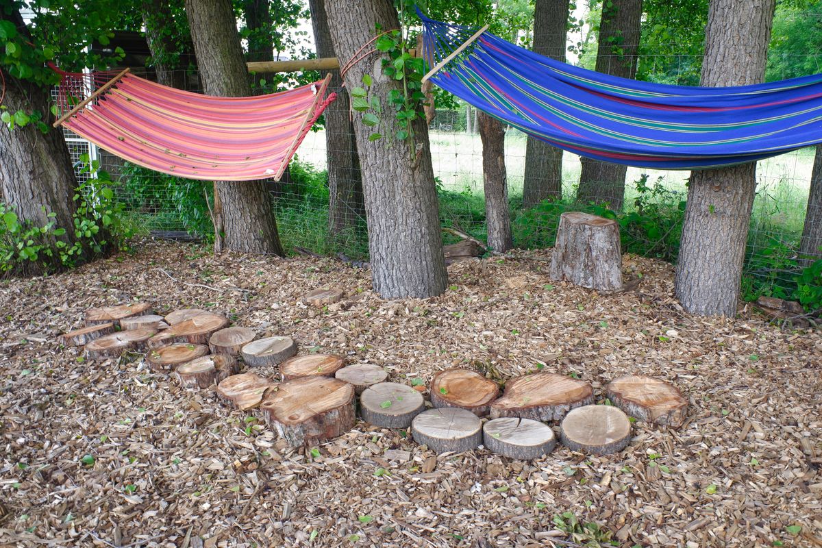 木にハンモックを吊るしているところ