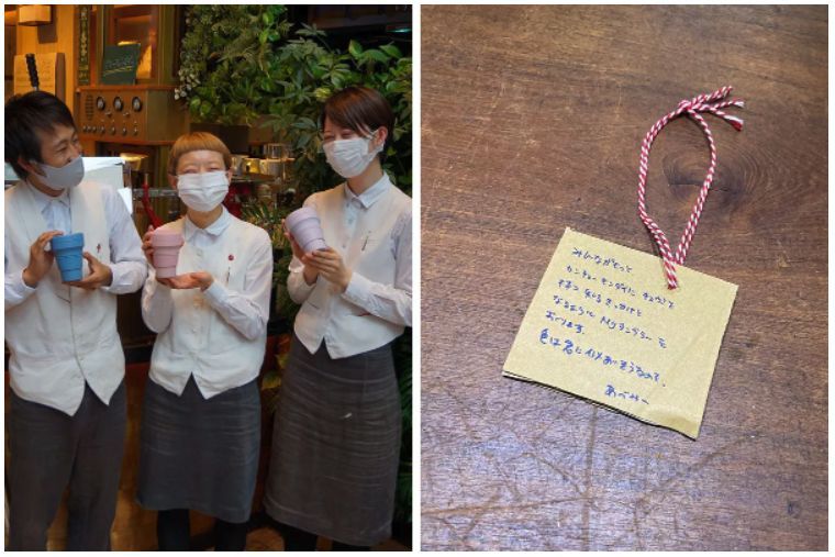 stojoを持って微笑むスタッフとメッセージカード