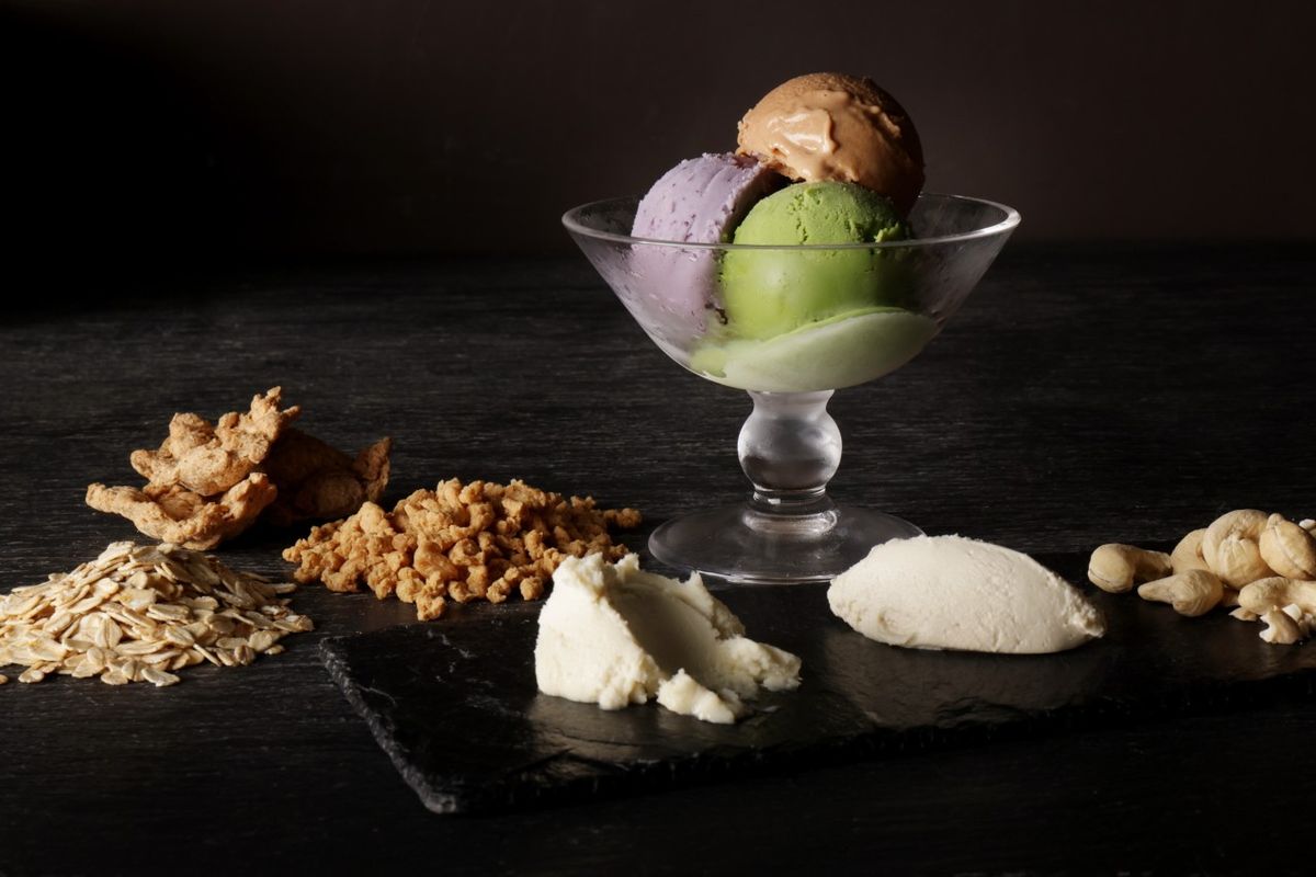 テーブルの上に植物性ミルクを使ったアイス、バター、チーズと大豆ミートが並んだ様子