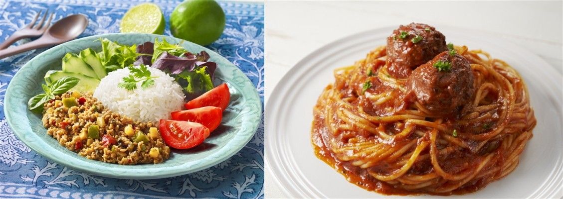 「ベジミートボールのトマトのソース」と「大豆ミートのタコライス用ソース」