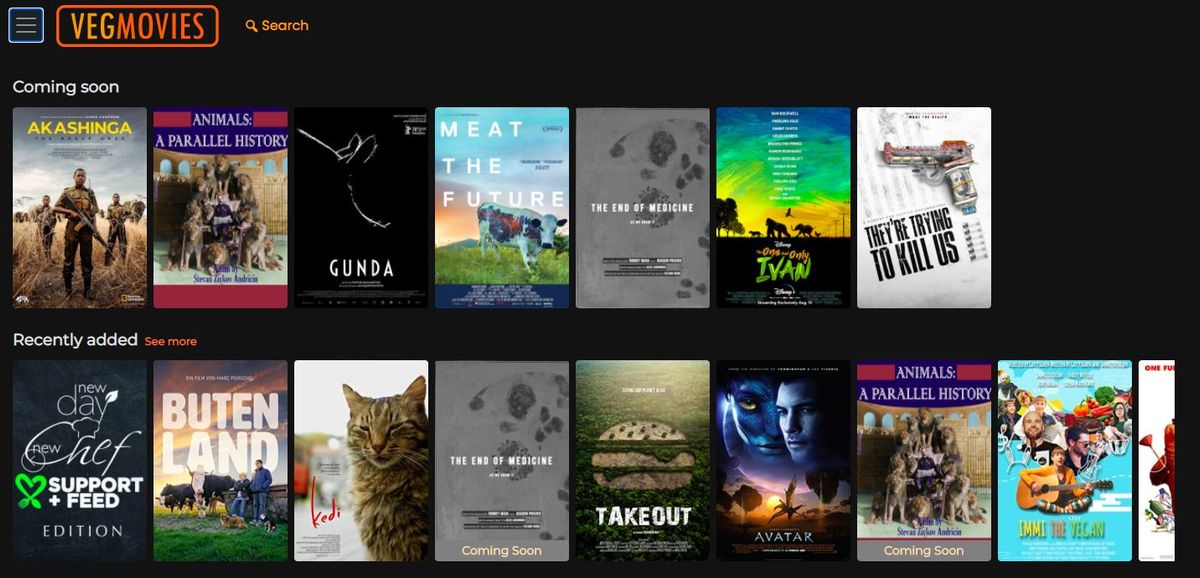 ヴィーガン映画サイト「VegMovies」の様子