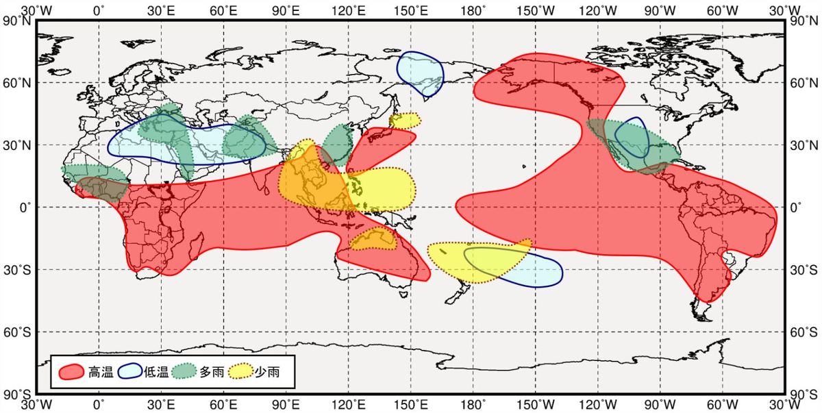 エルニーニョ現象時の北半球の春の気温の特徴を解説する図