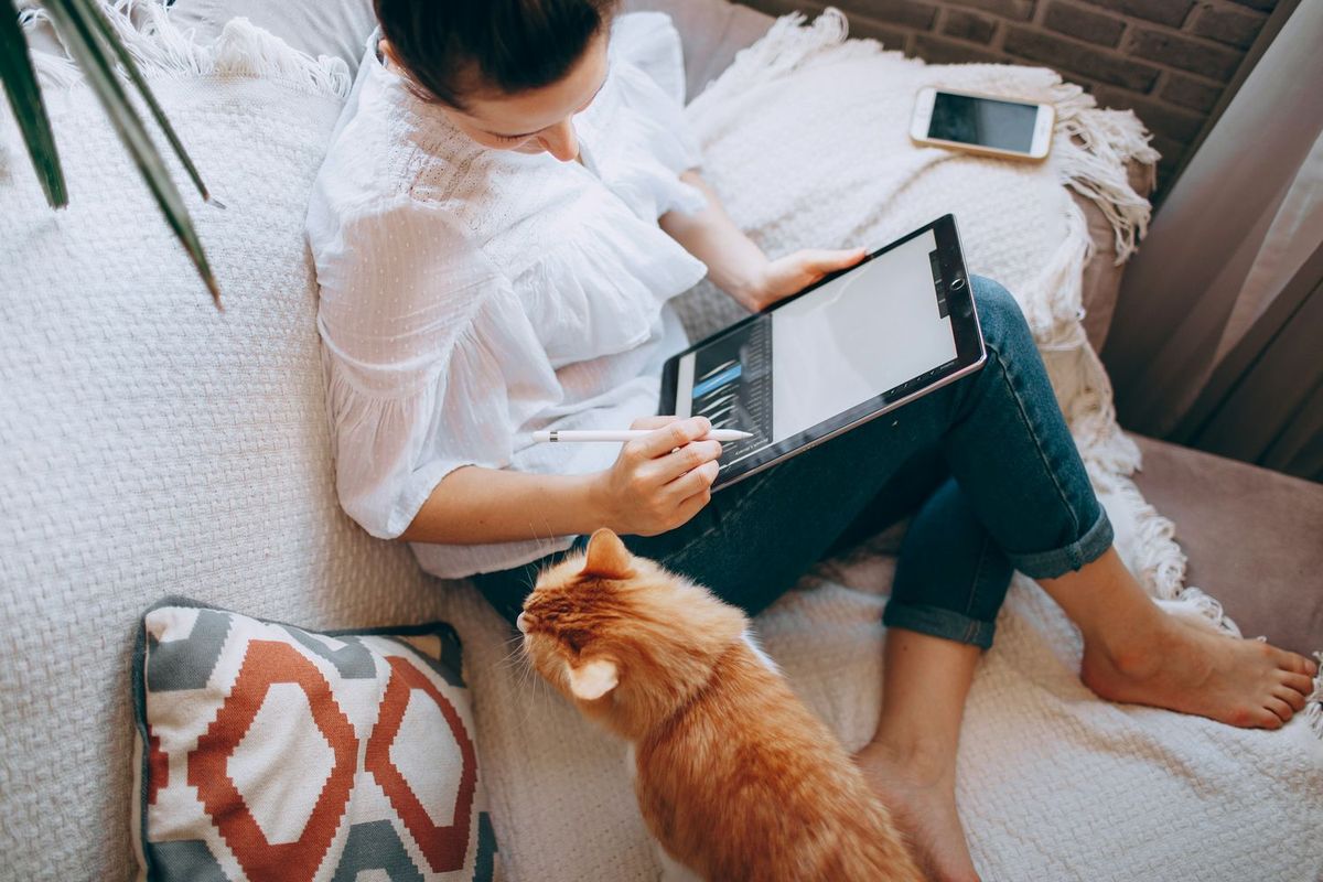 AppleiのPadを手にもつ女性と猫