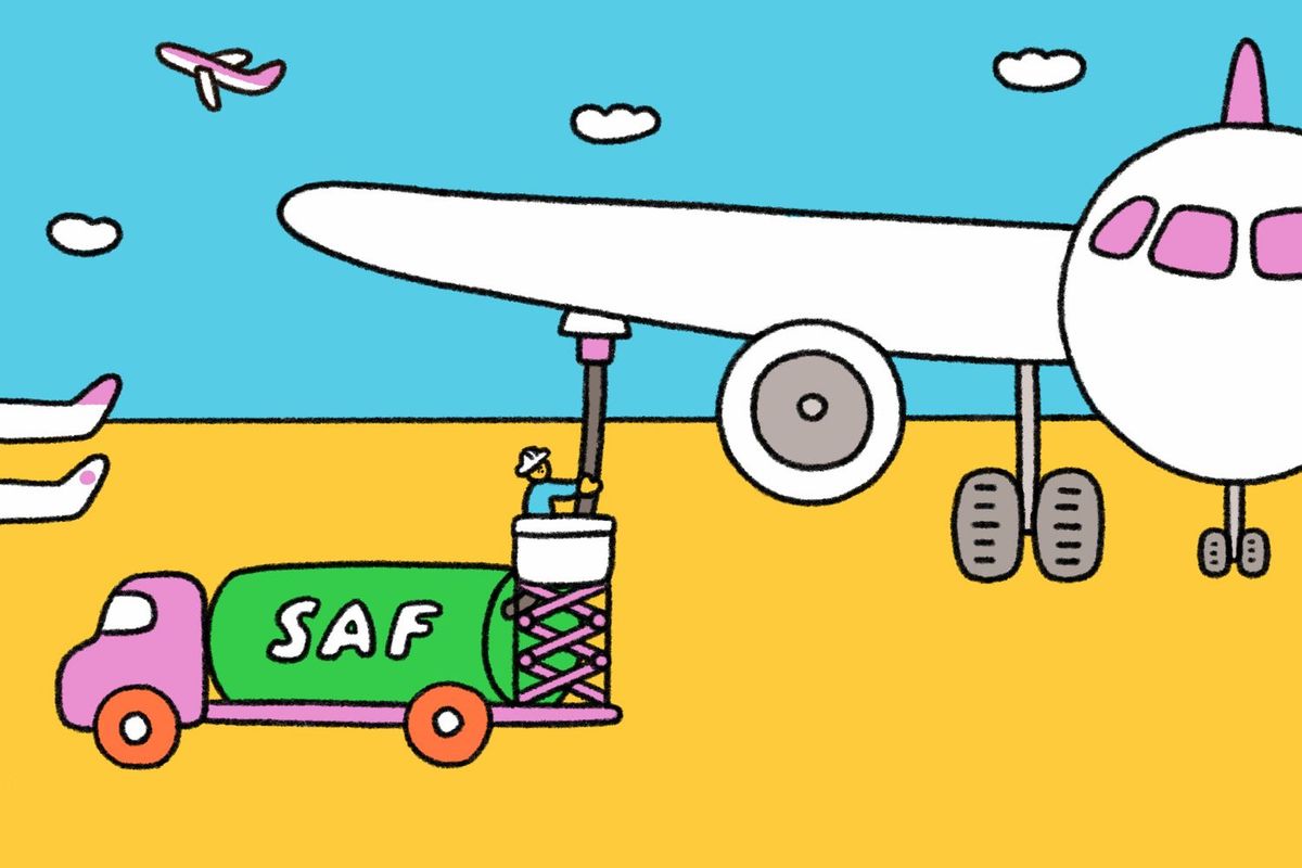 子どもむけ「SAF（持続可能な航空燃料）」って何？飛行機にSAFを入れているところ