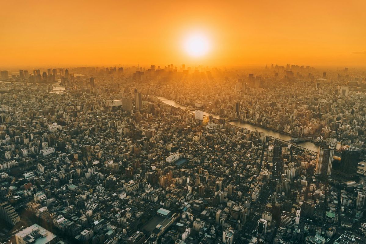 東京の都市を照らす太陽