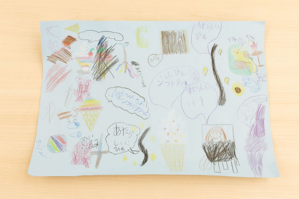 子どもたちがアイデアを描き出した画用紙の写真