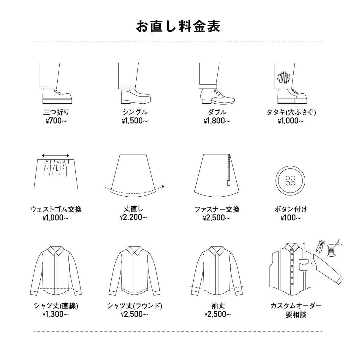 「リペア＆リメイク」料金表