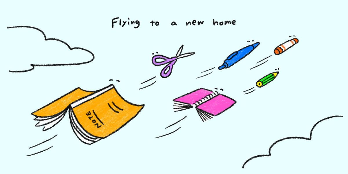 空を飛ぶ文房具のイラスト