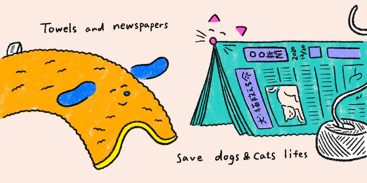 犬と猫を模したタオルと新聞紙のイラスト