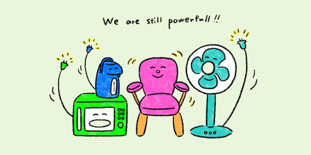 あつまって笑う家電のイラスト