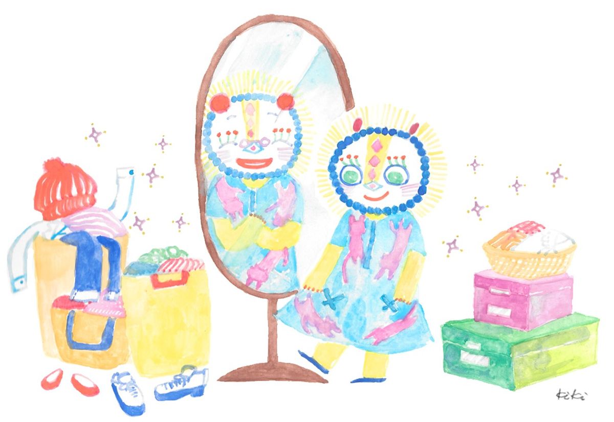 鏡の前で服を着るキャラクター