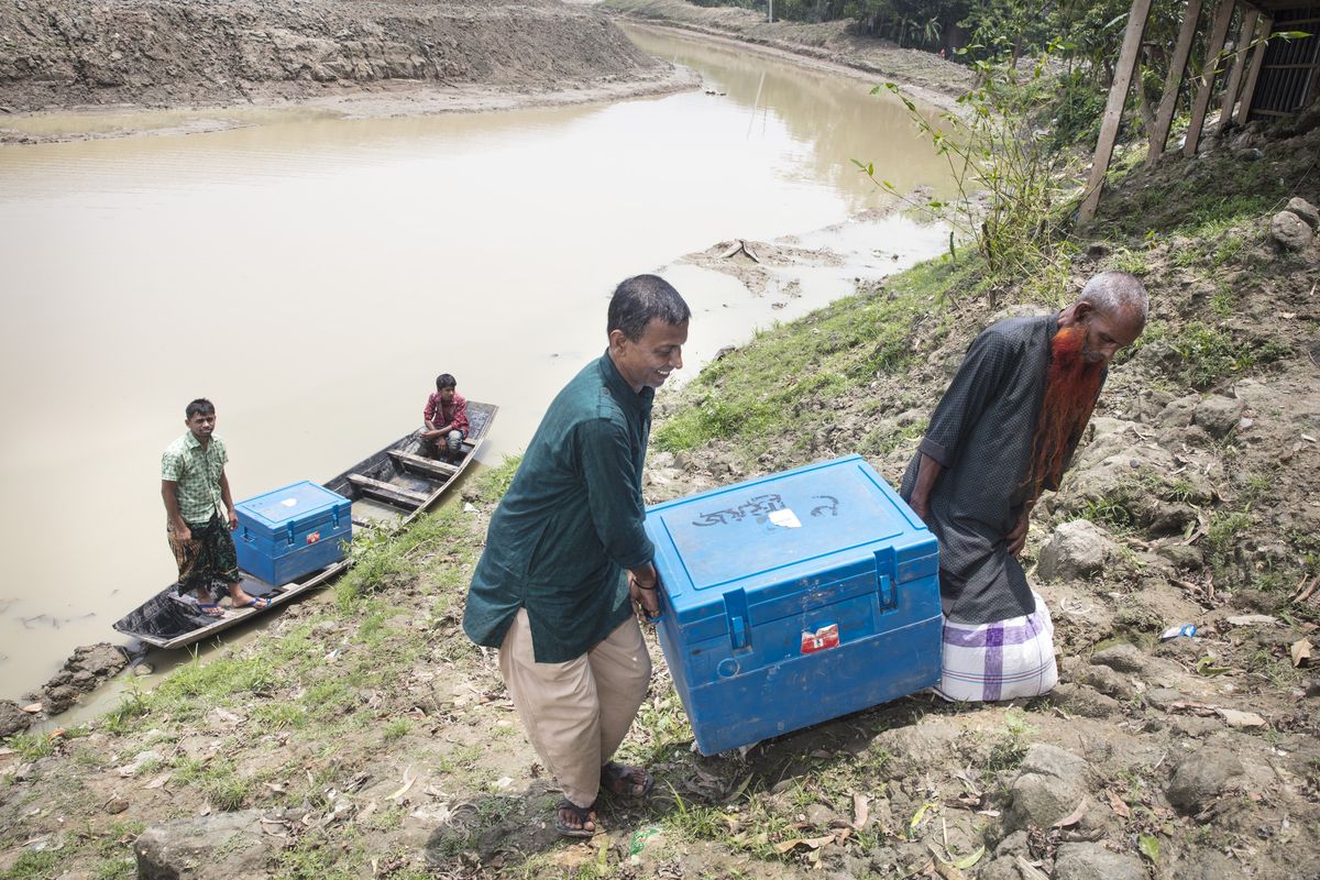 川からワクチンを運び上げる様子