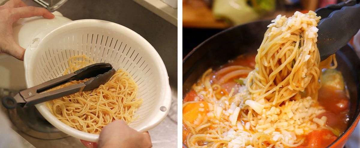 左はパスタを洗う写真。左は完成したパスタ