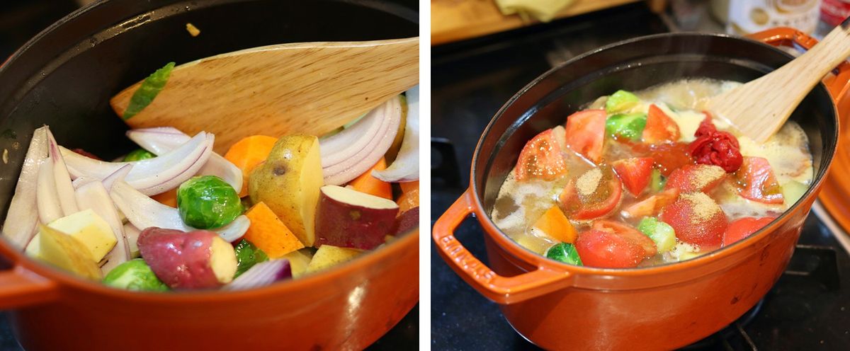 左は野菜を炒めている写真。右は野菜を煮ている写真