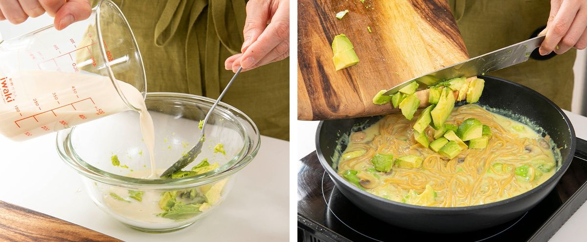 左は豆乳とアボカドを混ぜてる写真。フライパンにアボカドを淹れてる写真