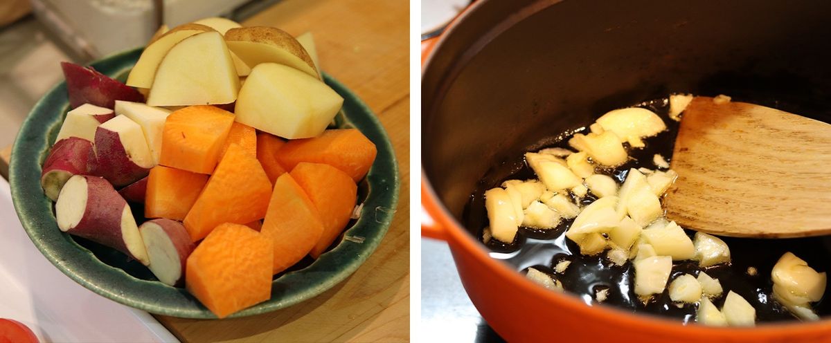 左に野菜を切った写真。右に刻んだにんにくを炒める写真