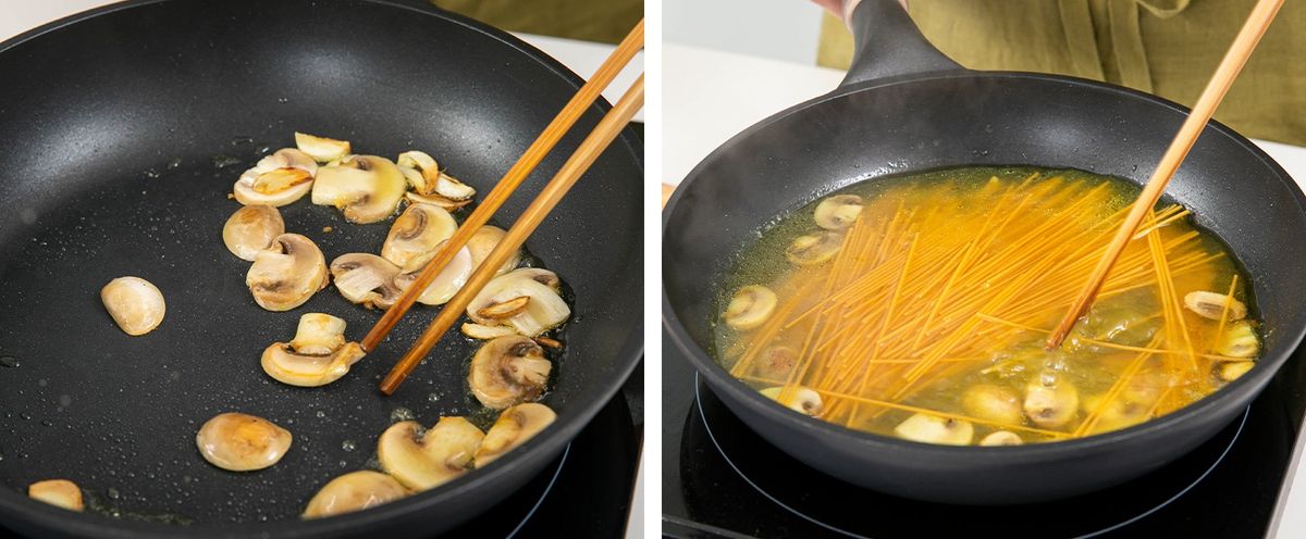 左はマッシュルームを炒めてる写真。右はパスタを茹でている写真