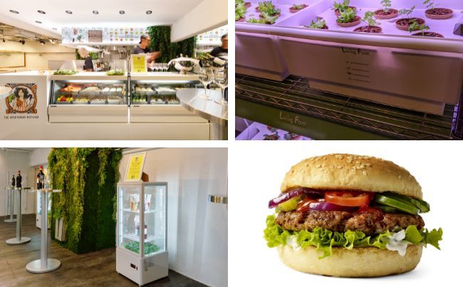 The Vegetarian Butcherの店内やアーバンファーミング、PLANT BASED WAPPERの写真